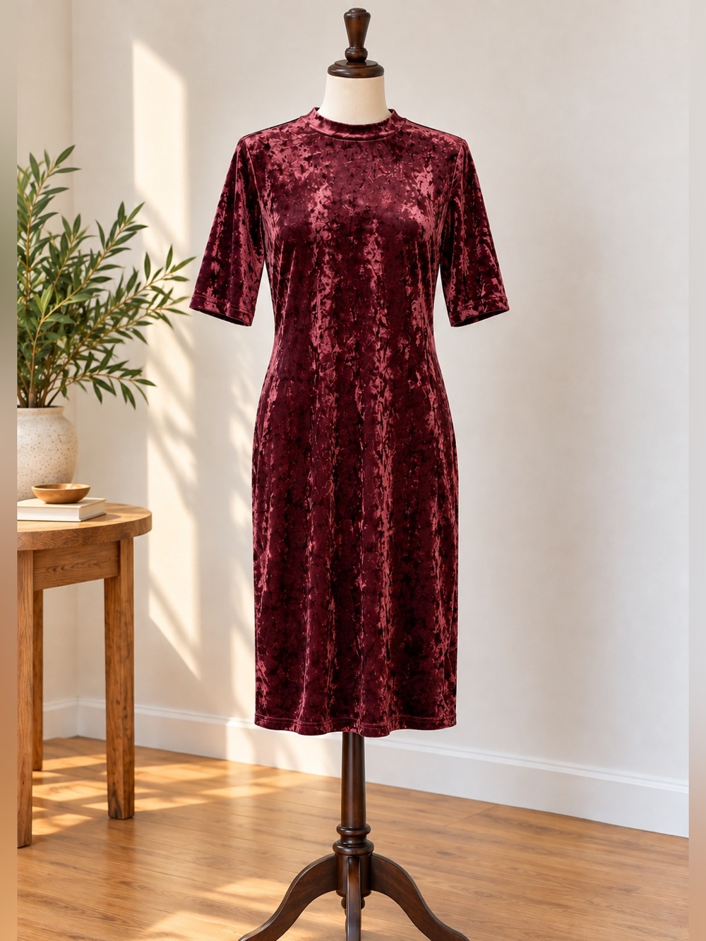 b.young Burgundy Crushed Velvet Midi Dress S 90s Y2K Holiday Party